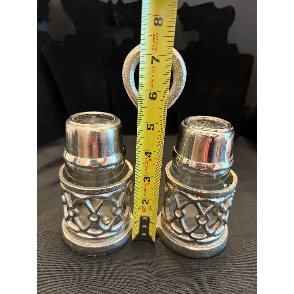 Vintage Pewter cutwork glass and pewter salt and pepper caddy openwork design